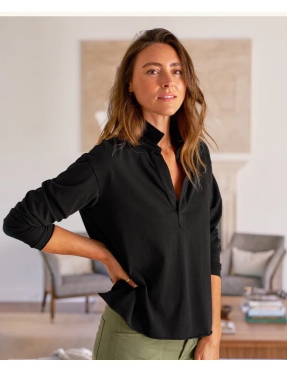 Frank & Eileen Black Cotton Popover Henley Long Sleeve Shirt Top, L